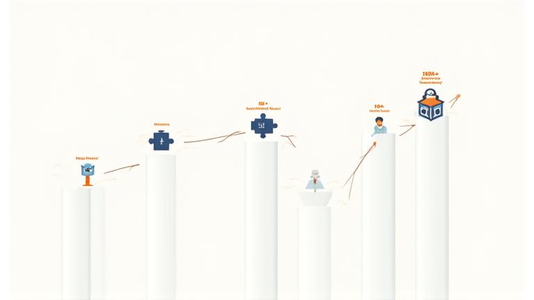Stylized infographic showing growth metrics: 50+ Creator Partnerships, 150K+ Active Community Members, 10+ Award-Winning Titles. Uses geometric lines and icons with brand colors.