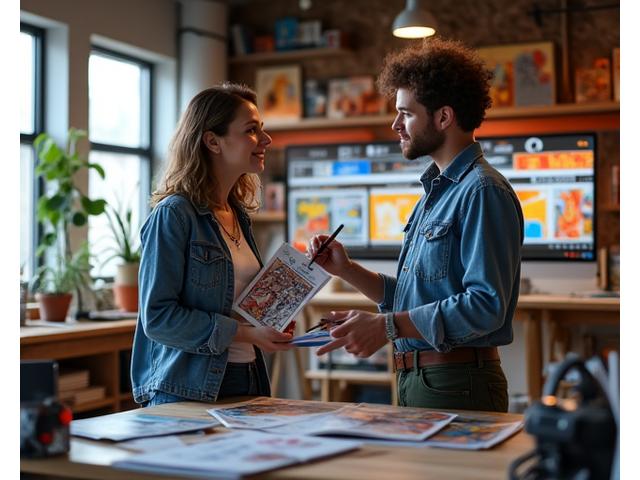 Two founders, one male, one female, in a modern, creative studio space reviewing comic art on a digital tablet and an indie game concept on a large monitor, surrounded by books and art supplies. They are smiling, engaged, and passionate.
