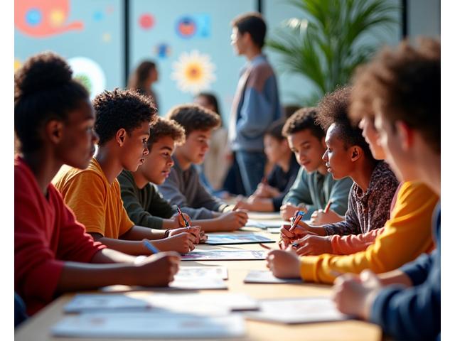 Young, diverse artists and gamers passionately collaborating at a workshop in a vibrant community arts center in St. Paul. Bright, energetic atmosphere, showcasing creativity and local engagement.