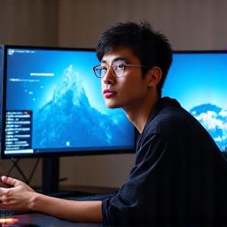 Portrait of Leo Chen, co-founder of Pixel Hearth Studios. He is a thoughtful man with a keen gaze, looking confidently, in a modern, tech-enabled environment.