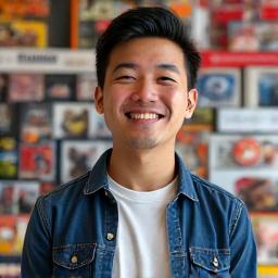 Portrait of Marcus Jones, Director of Community Engagement at Pixel Hearth Studios. He is an energetic man with a friendly smile, surrounded by diverse fan art or merchandise.