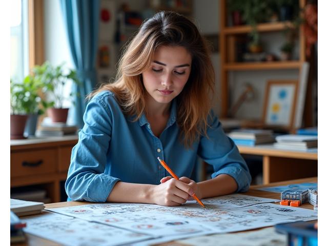 Tabletop game designer 'Elara Vance' sketching concepts for a new game, surrounded by prototypes.