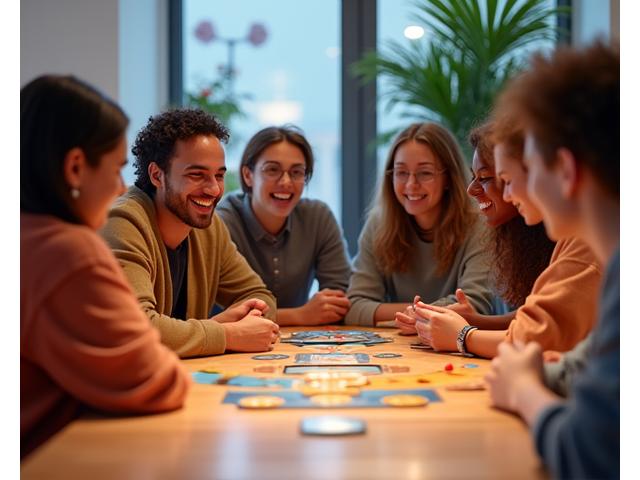 Behind-the-scenes view of game testing, with diverse group laughing over a prototype board game.