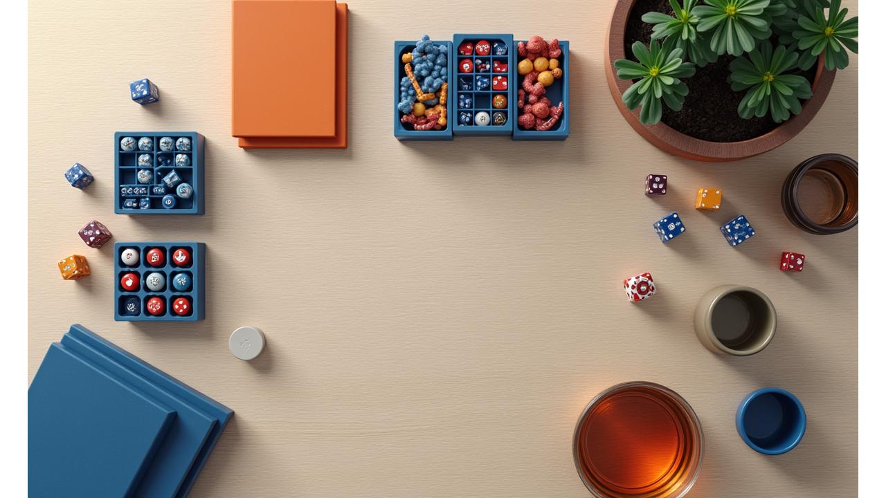 Close-up of neatly organized board game accessories: dice sets, card sleeves, token trays, and a rulebook, on a polished wooden table.