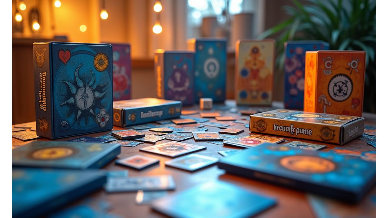 Diverse collection of vibrant board games with unique art, illuminated by soft, inviting light.