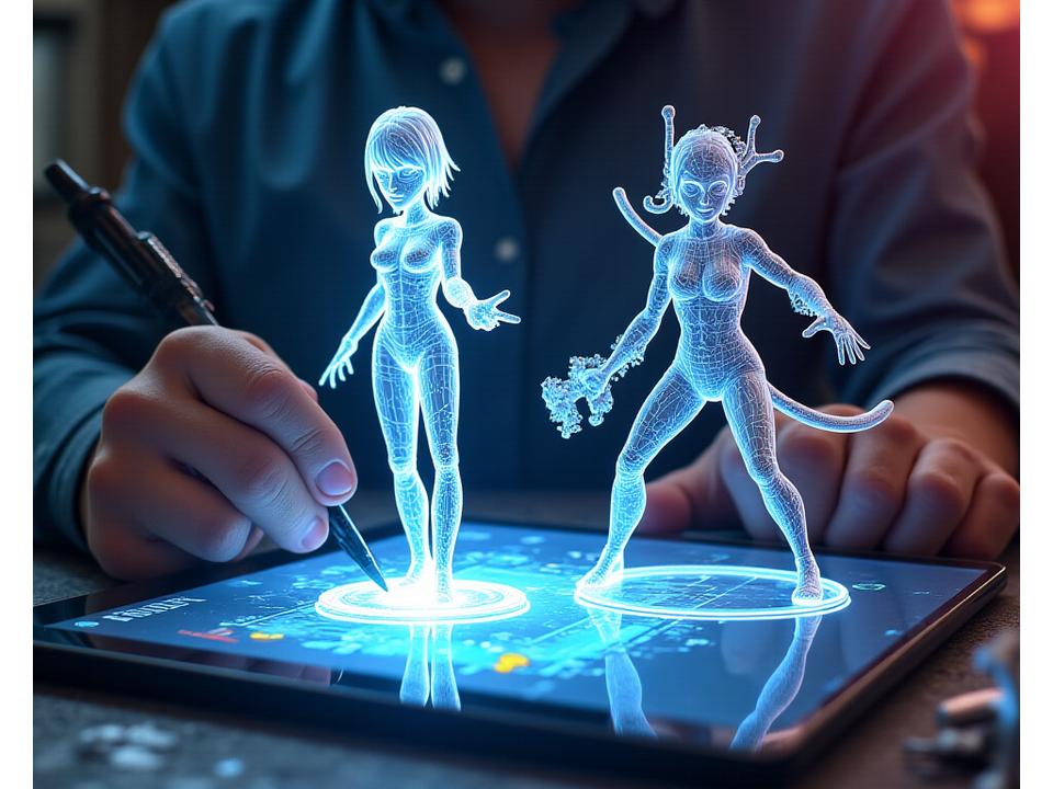 3D render of a custom character model being brought to life by a digital artist, then transformed into a physical custom-painted figure.