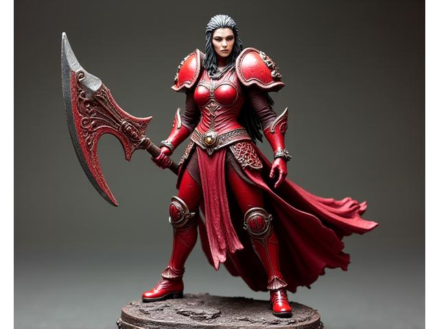 Highly detailed figure of 'Crimson Sentinel' from a fantasy game, with a dynamic pose and weapon in hand.