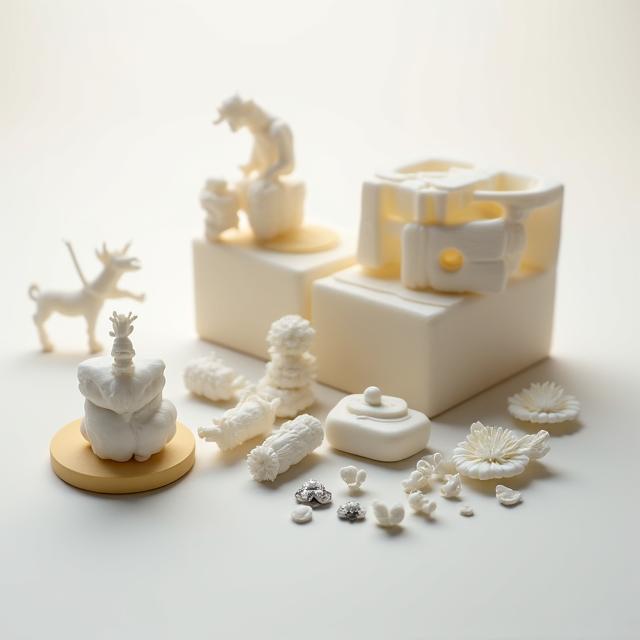 A collection of premium materials—high-grade PVC, polystone, and metal alloys—used in figure production.