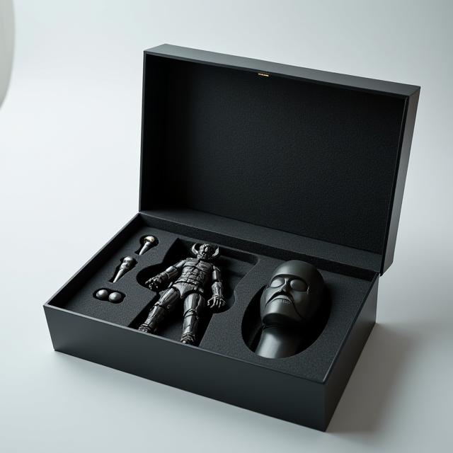 A limited-edition collectible figure securely packaged in a sleek, custom-designed box with foam inserts.