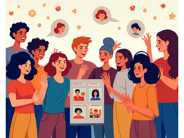 Illustration of a diverse group of comic readers and creators interacting online, represented by chat bubbles, emojis, and shared digital screens, embodying a vibrant comic community.