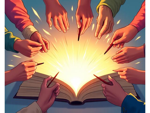 Artistic representation of diverse hands collaborating on an oversized comic book, symbolizing creative partnership and the support Pixel Hearth Studios offers independent artists and writers.
