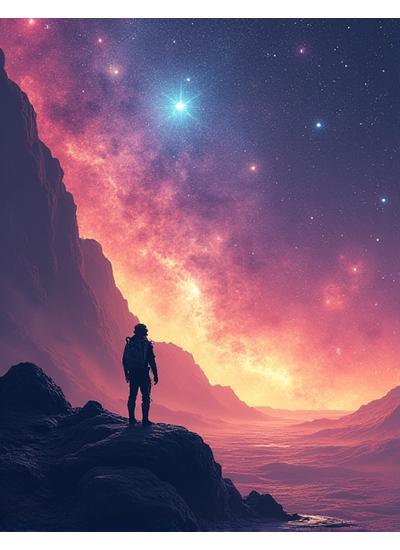 Cover art for 'Galactic Nomad: Outlander', a space opera comic featuring a lone explorer's silhouette against a vast alien landscape and glowing nebulae.