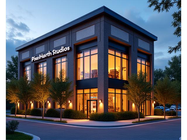 Exterior view of the modern Pixel Hearth Studios headquarters building in St. Paul, Minnesota, at dusk, with ambient lighting.