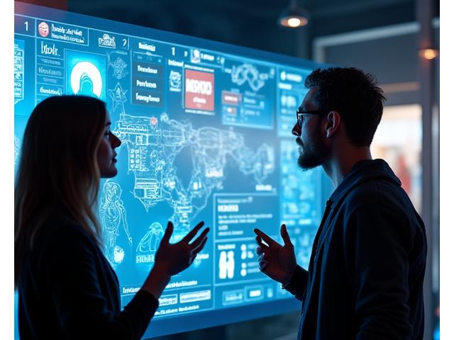 Two diverse professionals engaging in a collaborative discussion over a holographic projection showing schematics of comic book panels and game interfaces, symbolizing innovation and partnership.