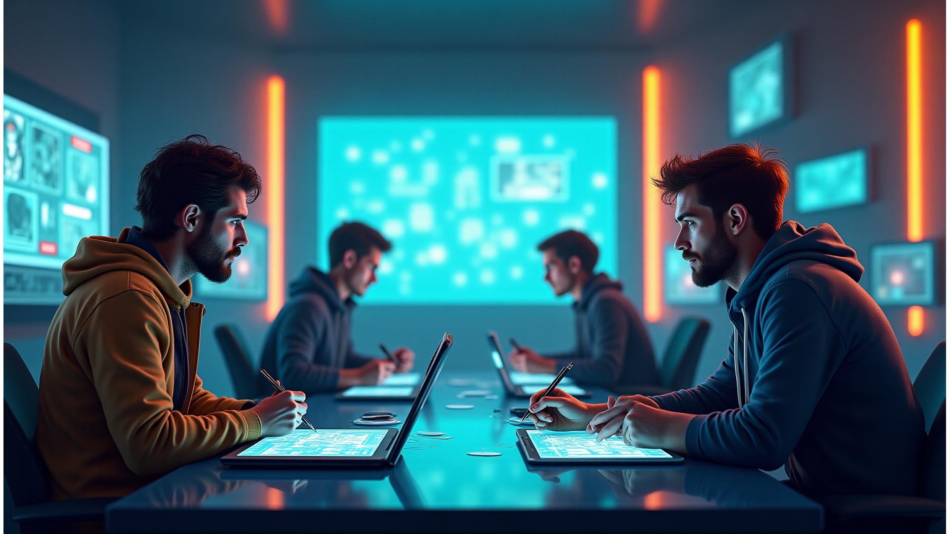 Diverse group of creators, artists, and game developers collaborating in a vibrant, futuristic studio space.
