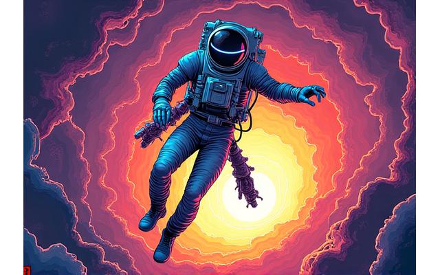 Cover art for 'Cosmic Drift' comic, featuring a stylized astronaut exploring a wormhole.