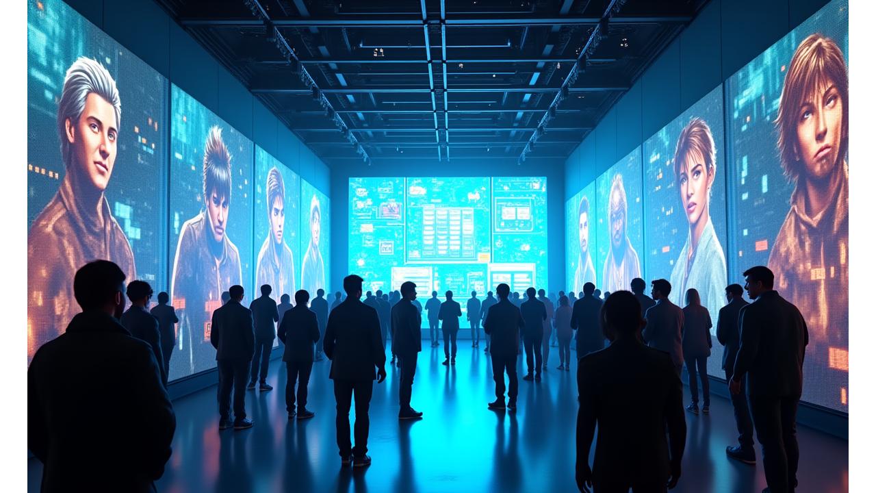 Dynamic view of a crowded, interactive event space with AR projections, featuring a prominent, glowing event calendar overlay.
