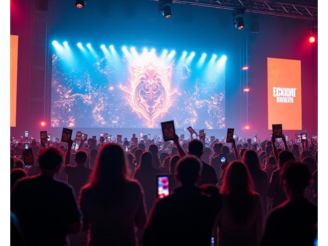 A large screen displaying a new video game title, surrounded by excited fans holding newly purchased comic books and merchandise at a product launch event.