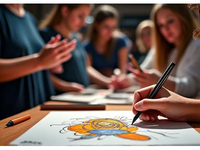 An artist sketching live at a pop-up event, surrounded by curious fans and their finished artwork on display.