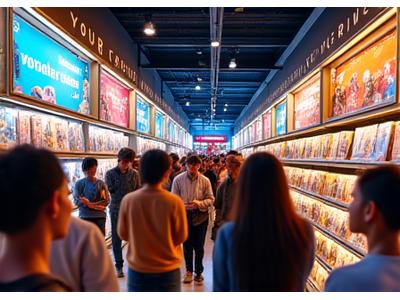 A bustling pop-up shop scene with fans excitedly looking at exclusive merchandise, featuring vibrant comic art and character figures.