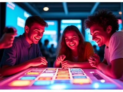 A group of young adults enthusiastically playing a new board game at a pop-up event, with interactive screens in the background.