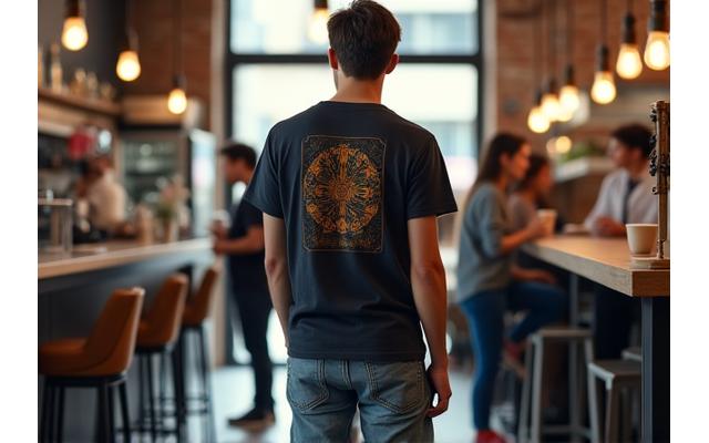 Stylish individual wearing a subtle graphic tee and jeans in a bustling coffee shop, exemplifying casual fan apparel.