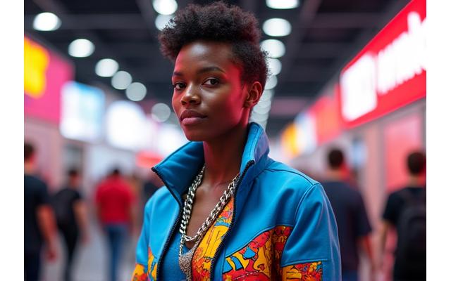Vibrant, confident fan at a comic convention wearing a designer jacket that incorporates bold comic art elements, stylish yet comfortable.