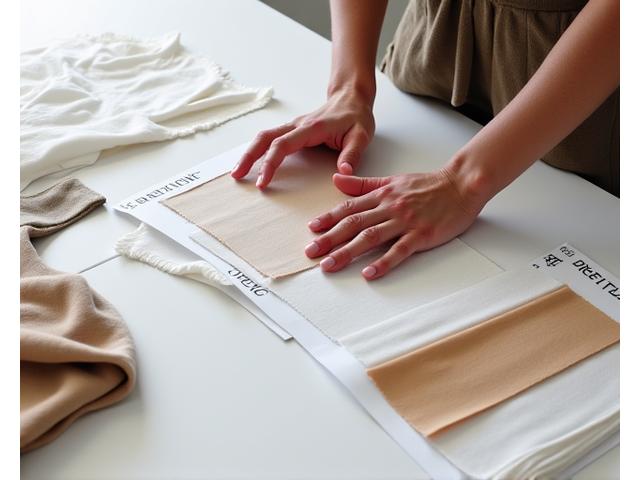 Close-up of a designer's hands selecting fabric swatches and examining garment prototypes, surrounded by sketches.
