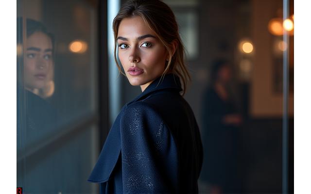 Elegant model wearing a high-end jacket with subtle, embossed geek-inspired patterns at a sophisticated evening event.