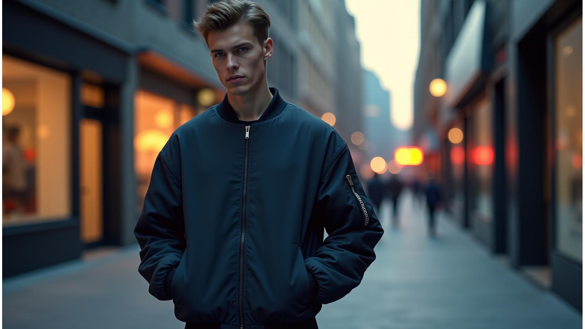 Model wearing a stylish, subtle Pixel Hearth fan apparel jacket in a high-fashion urban setting, with dynamic lighting.