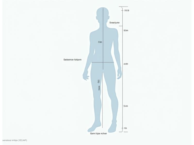 Detailed digital sizing guide overlaid on a silhouette of a person, showing key measurement points.