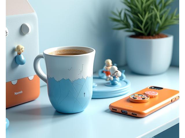 Various Pixel Hearth branded lifestyle accessories including a unique coffee mug, a collectible pin set, and a character-themed phone case, arranged stylishly on a desk.