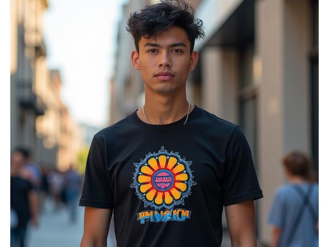 Fan wearing a stylish t-shirt featuring vibrant artwork of a Pixel Hearth comic book hero, in a modern urban setting.