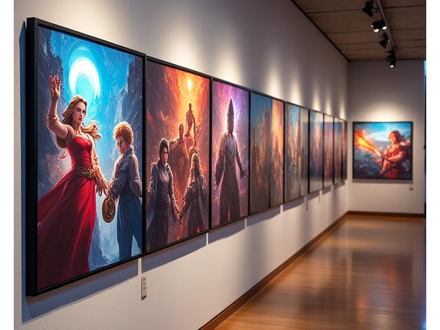 A collection of vibrant, limited-edition art prints based on Pixel Hearth comic covers, framed and displayed in an art gallery setting.