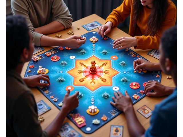 A group of friends intensely playing a beautifully designed Pixel Hearth themed board game, with game pieces and cards spread across the table.