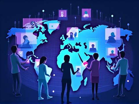 Illustration of diverse online community members interacting on screens within a digital network.