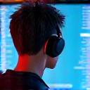 Professional headshot of Jin Kazami, a focused indie game developer wearing headphones, looking at code on a screen.