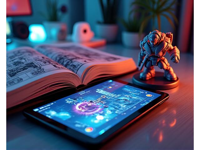 Close-up of a comic book being read, a distinct indie game character on a tablet, and a vibrant collectible figure, all united by glowing pixel art effects.
