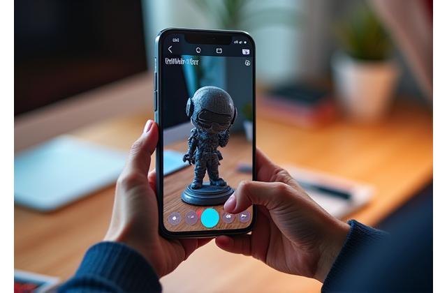Smartphone screen showing an augmented reality rendered 3D collectible figure superimposed onto a real-world desk.