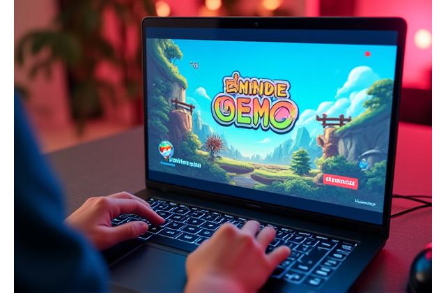 Laptop displaying a vibrant indie game demo interface, ready to play.
