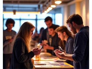 Diverse group of gamers and comic readers gathered, discussing feedback and interacting with products in a lively setting.