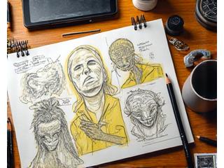 Sketchpad with various comic and game character concept art and design notes.