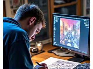 Illustration of a comic book being inked and a 3D model of a game character being rendered on a computer screen.