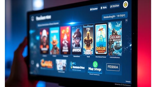 Dynamic game launcher interface showcasing various indie game titles with vibrant art styles.