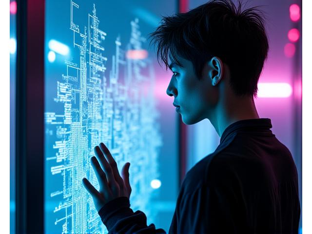 Artist Kai Storm sketching concept art for a cyberpunk city, surrounded by advanced digital art setup.