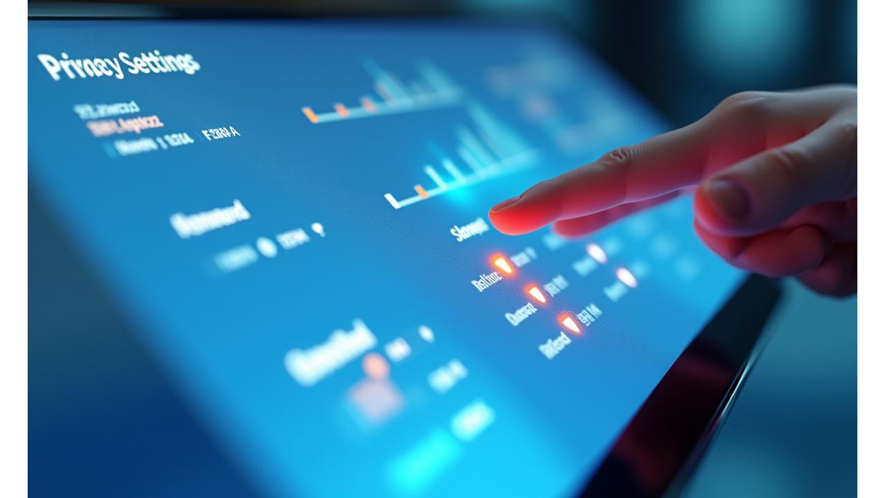 A stylized dashboard showing privacy settings and data control options, with glowing digital elements and secure interface icons for privacy, data protection, and user control at Pixel Hearth Studios.