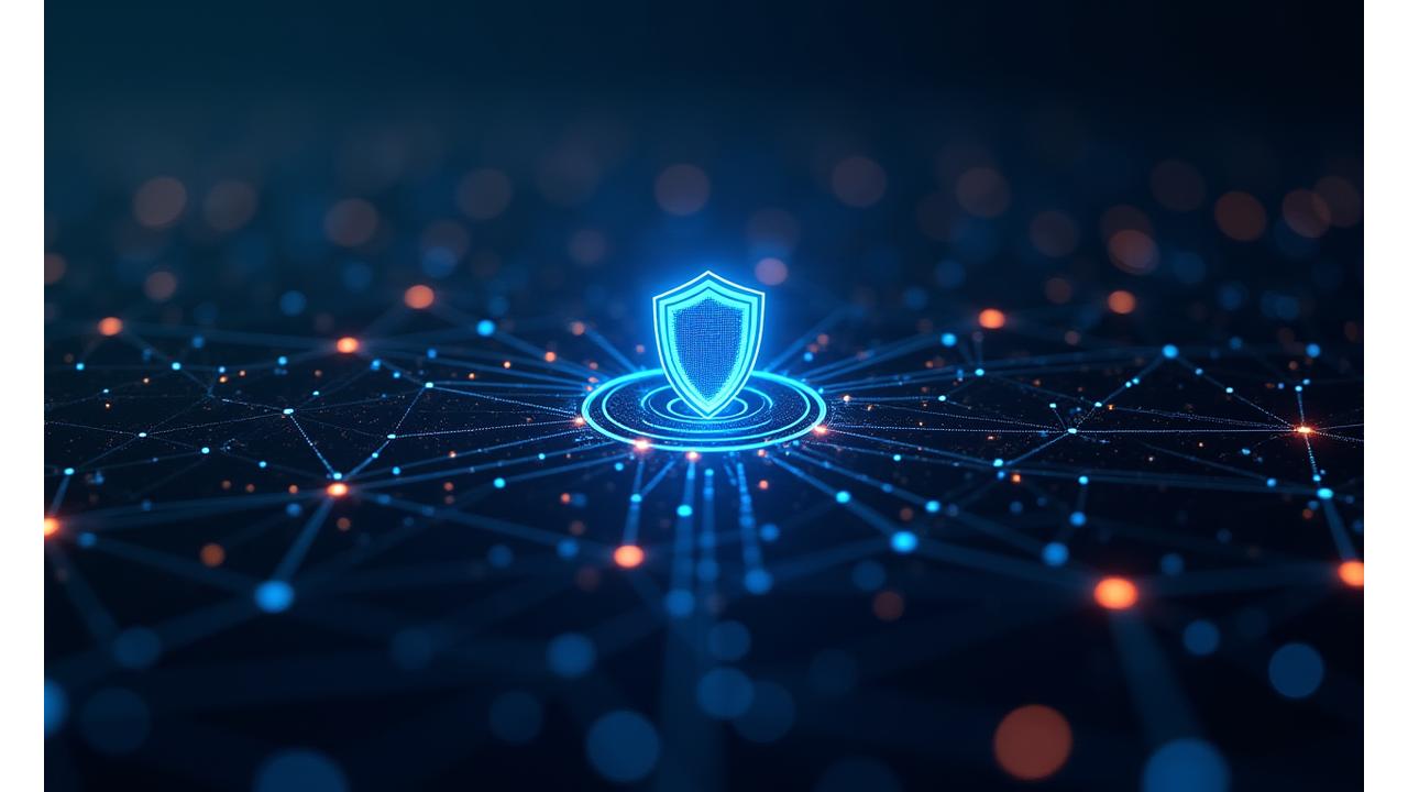 A complex, futuristic digital network graphic with glowing lines and nodes, representing robust data transfer and protection, with a central stylized padlock icon, illustrating security measures.